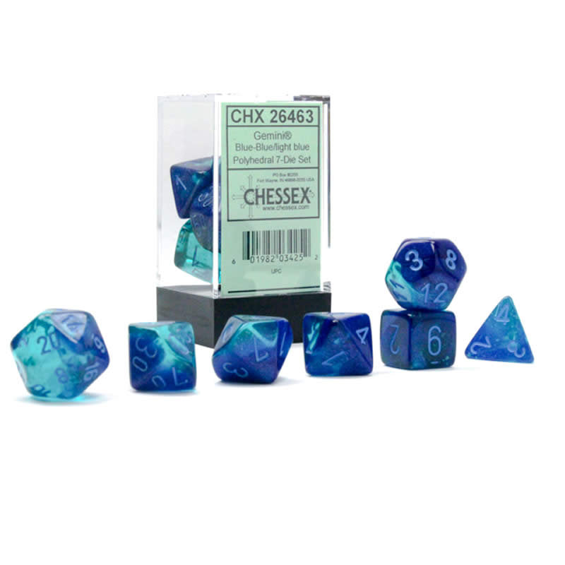 Chessex - Polyhedral 7-Die Set - Gemini Blue+Blue/Light Blue GLOW IN THE DARK!