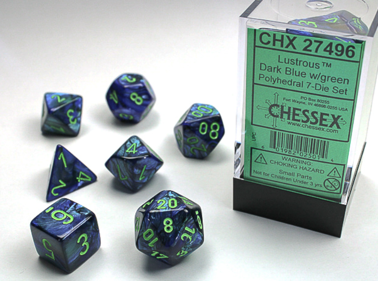 Chessex - Lustrous Dark Blue w/green Classic Polyhedral 7-Di