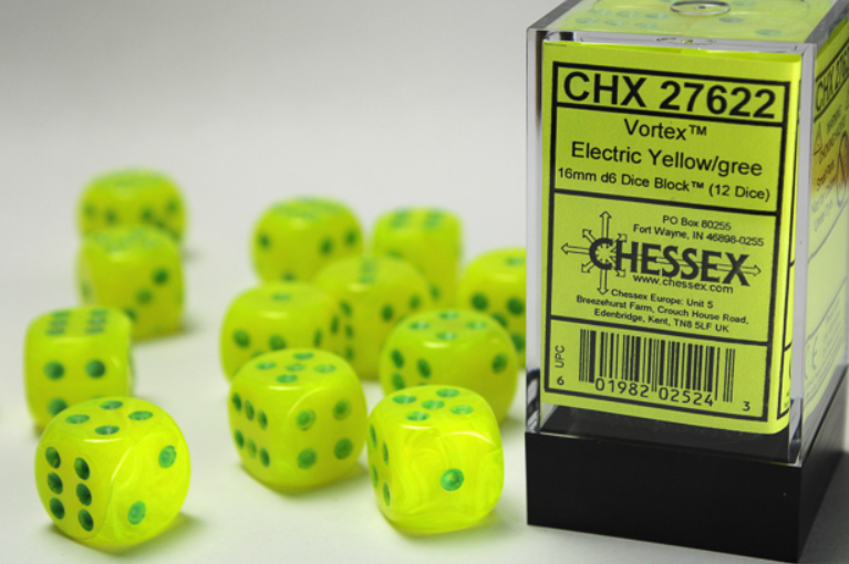 Chessex - Signature 16mm d6 (12 Dice) Vortex Electric Yellow/green