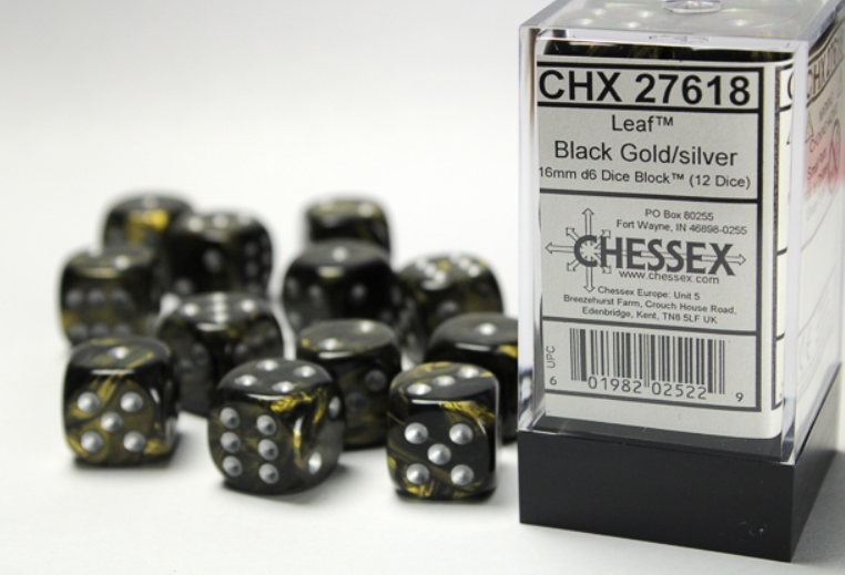 Chessex - Signature 16mm d6 (12 Dice) Leaf Black Gold/silver